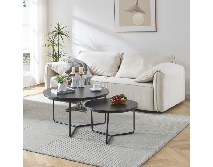 Маса за гнездене Poxdorf от 2 части, мраморна визия, черна []