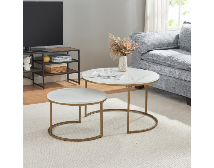 Комплект маси за кафе Крайстчърч от 2 броя, мраморна визия, бяло/златно []