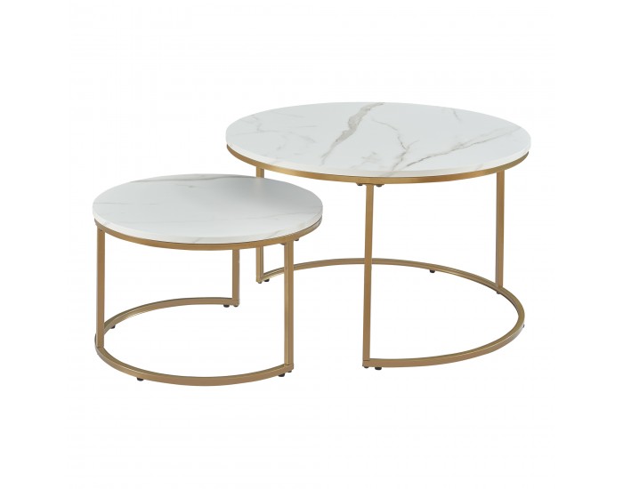 Комплект маси за кафе Крайстчърч от 2 броя, мраморна визия, бяло/златно []