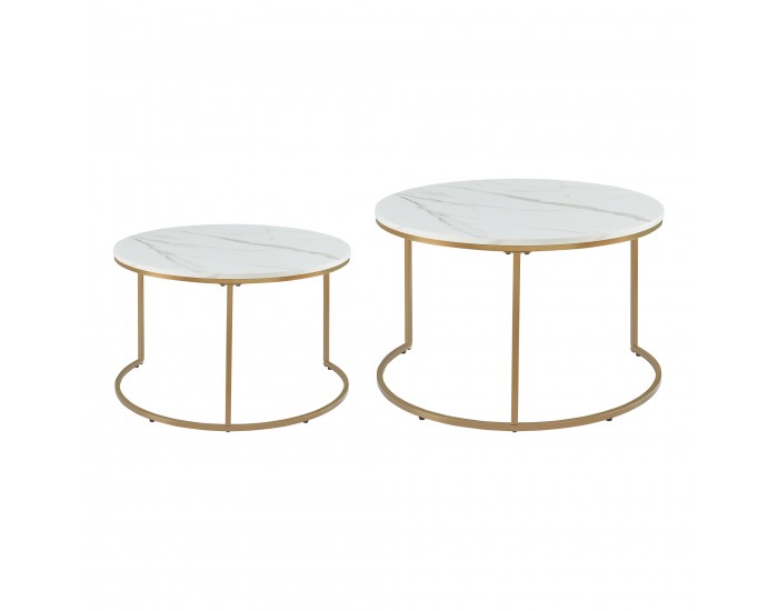 Комплект маси за кафе Крайстчърч от 2 броя, мраморна визия, бяло/златно []