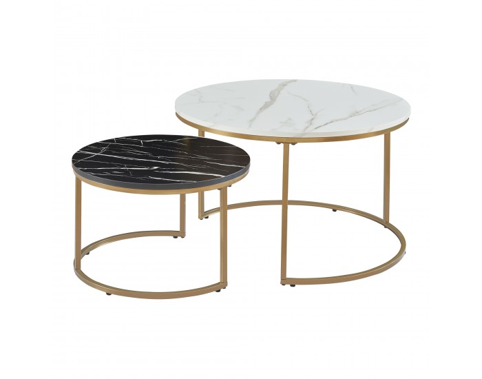 Комплект маси за кафе Крайстчърч от 2 броя, мраморна визия, бяло/черно/златно []