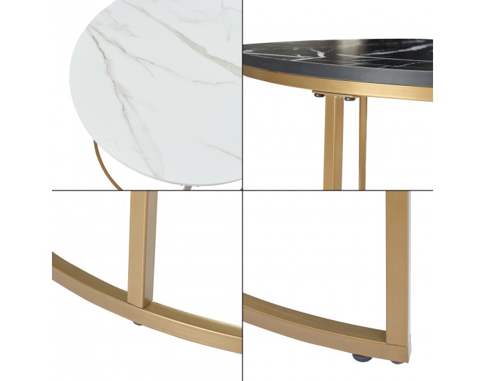 Комплект маси за кафе Крайстчърч от 2 броя, мраморна визия, бяло/черно/златно []