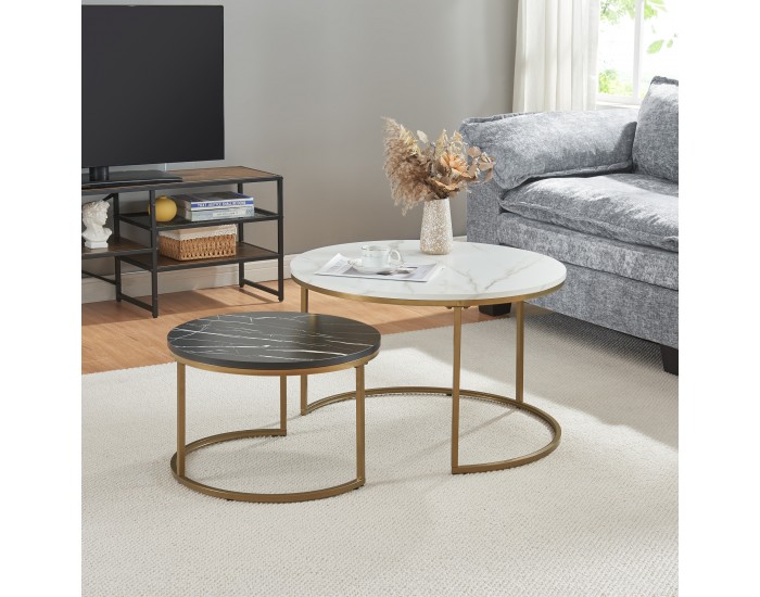 Комплект маси за кафе Крайстчърч от 2 броя, мраморна визия, бяло/черно/златно []