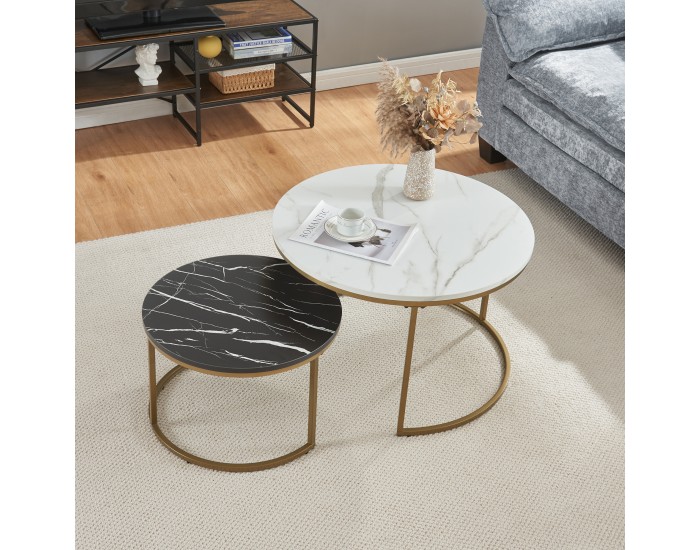 Комплект маси за кафе Крайстчърч от 2 броя, мраморна визия, бяло/черно/златно []