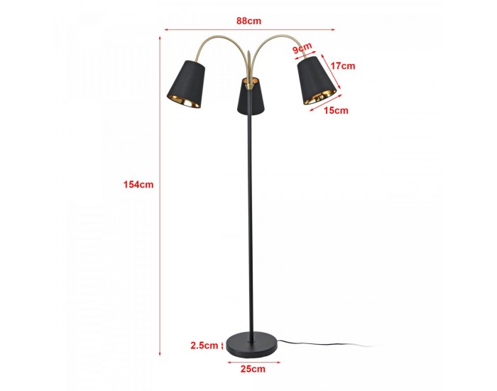 Подова лампа Wycombe с 3 светлини, черна / златна []