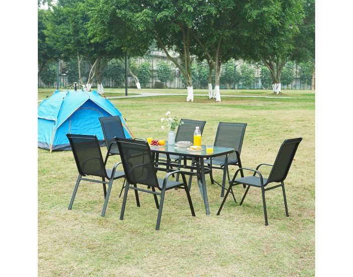 Комплект градински мебели Aradeo от 7 части, черен []