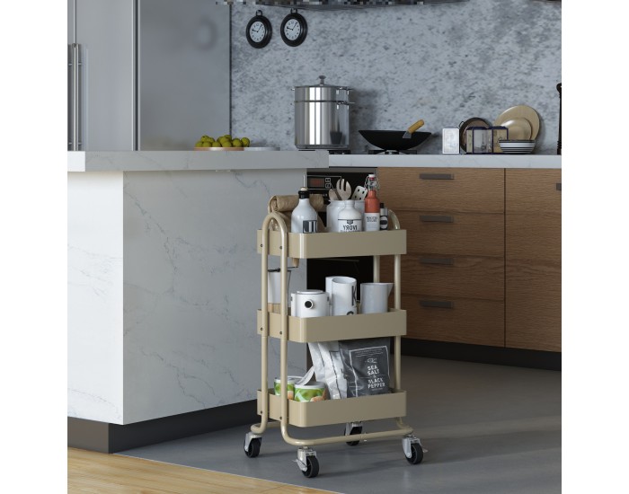Кухненска количка Pyhäntä с 3 нива, цвят камила []