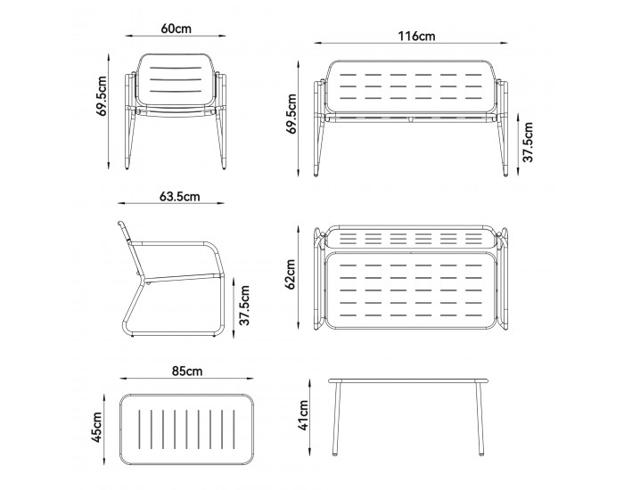 Стоманен комплект градински мебели Andria, 4 части, антрацитно сиво []