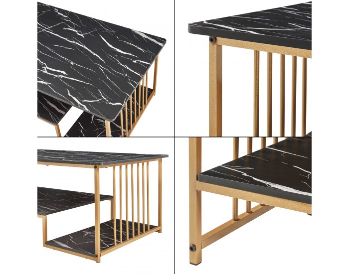 Холна маса Klibro 120x60x42 см мраморна визия, черно/златно []