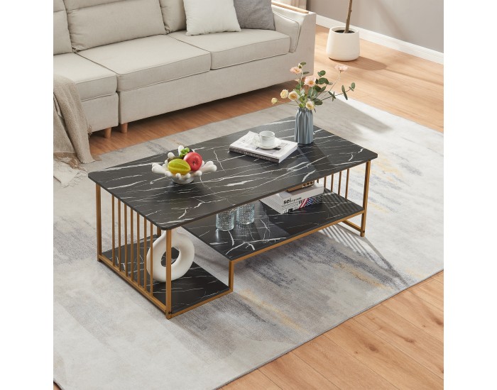 Холна маса Klibro 120x60x42 см мраморна визия, черно/златно []