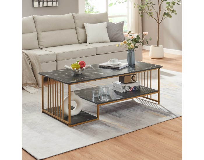 Холна маса Klibro 120x60x42 см мраморна визия, черно/златно []