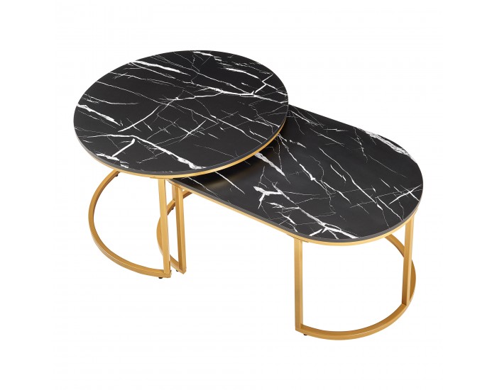 Маси за гнездене Oppeerg, комплект от 2, мраморна визия, черно/златно []