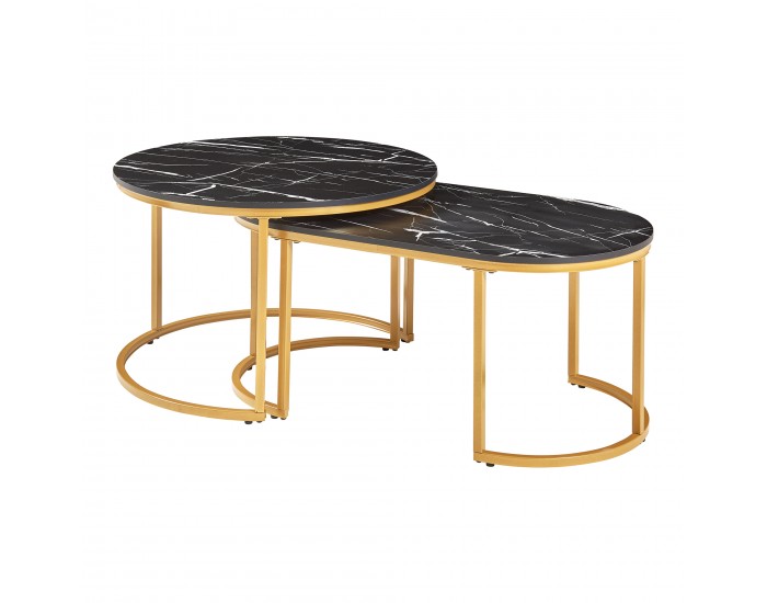 Маси за гнездене Oppeerg, комплект от 2, мраморна визия, черно/златно []