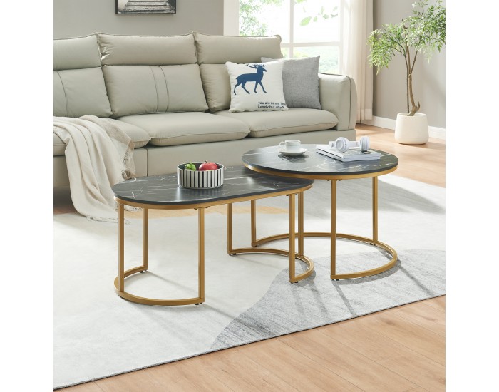 Маси за гнездене Oppeerg, комплект от 2, мраморна визия, черно/златно []