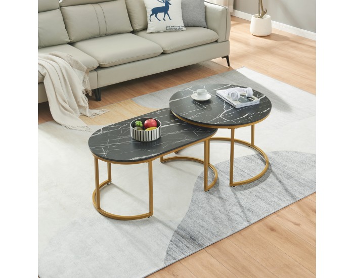 Маси за гнездене Oppeerg, комплект от 2, мраморна визия, черно/златно []