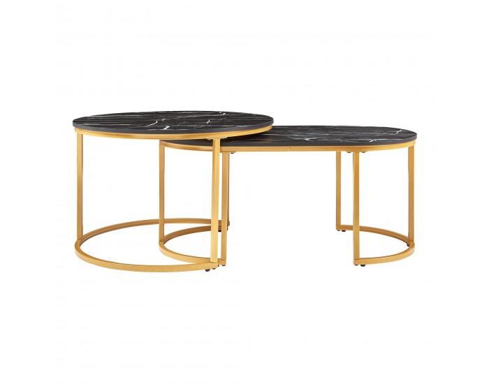 Маси за гнездене Oppeerg, комплект от 2, мраморна визия, черно/златно []