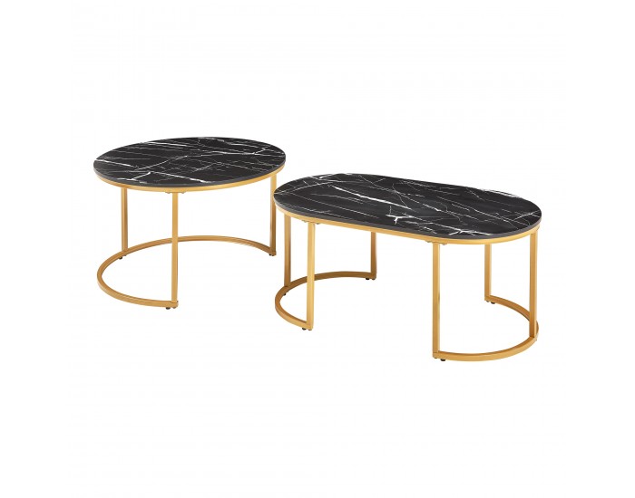 Маси за гнездене Oppeerg, комплект от 2, мраморна визия, черно/златно []