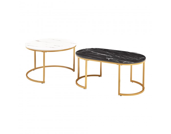 Маси за гнездене Oppeerg, комплект от 2, мраморна визия, черно-бяло/златно []