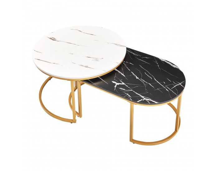 Маси за гнездене Oppeerg, комплект от 2, мраморна визия, черно-бяло/златно []