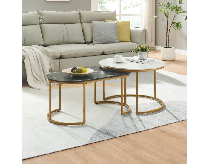 Маси за гнездене Oppeerg, комплект от 2, мраморна визия, черно-бяло/златно []