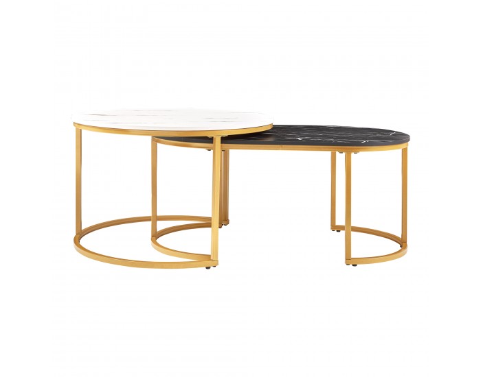 Маси за гнездене Oppeerg, комплект от 2, мраморна визия, черно-бяло/златно []