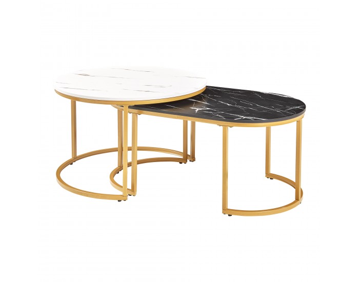 Маси за гнездене Oppeerg, комплект от 2, мраморна визия, черно-бяло/златно []