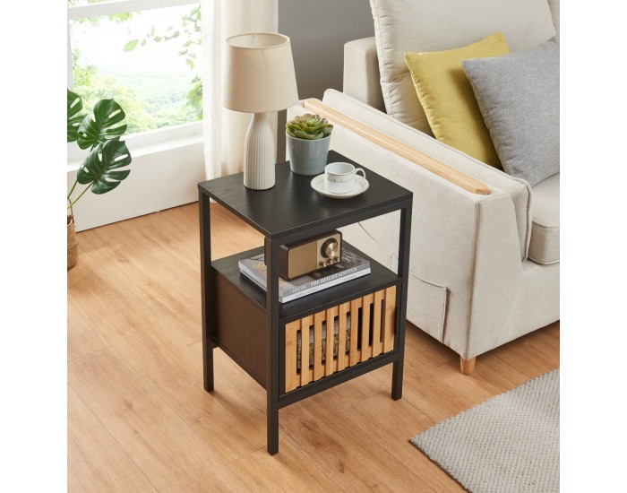 Нощно шкафче Luniehti 58x40x33 см Черно/Естествено []