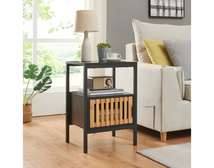 Нощно шкафче Luniehti 58x40x33 см Черно/Естествено []