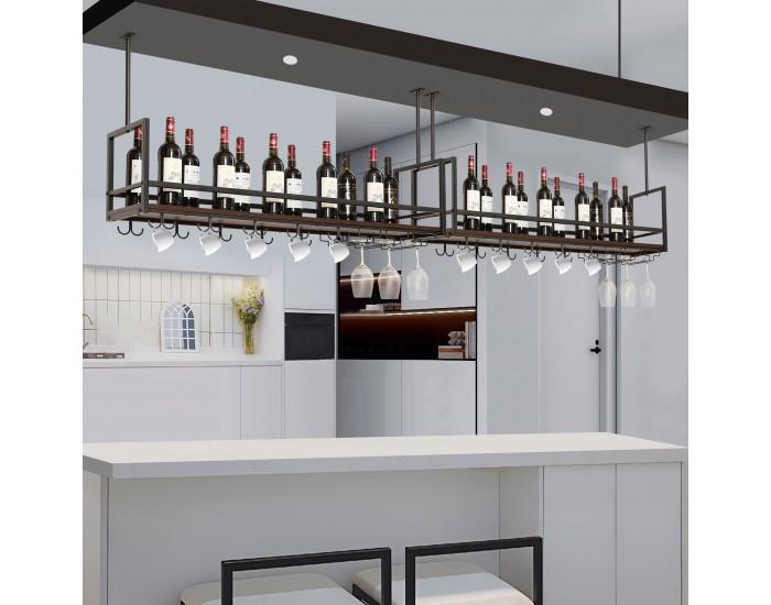 Поставка за вино с поставка за чаши Borejle 120x30x65 см черно/изглед на орех []