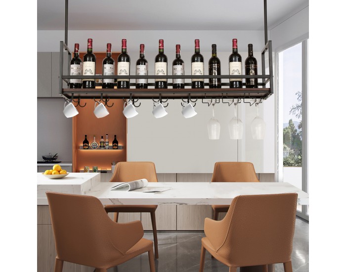 Поставка за вино с поставка за чаши Borejle 120x30x65 см черно/изглед на орех []