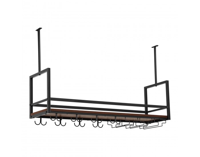 Поставка за вино с поставка за чаши Borejle 100x30x65 см черно/изглед на орех []