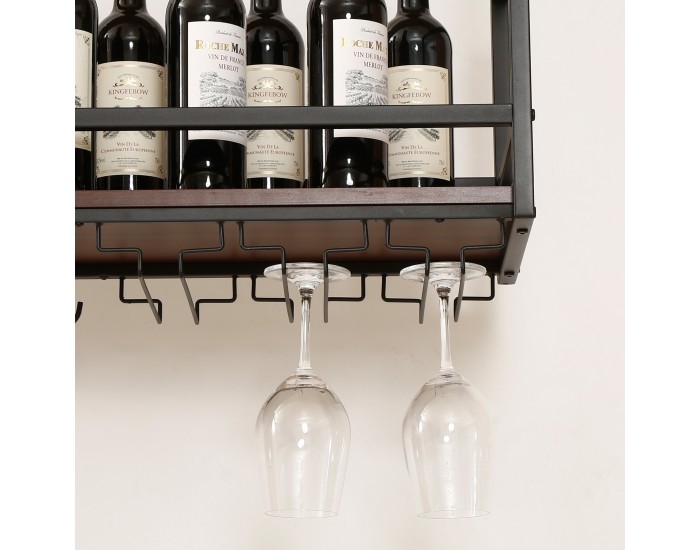 Поставка за вино с поставка за чаши Borejle 100x30x65 см черно/изглед на орех []