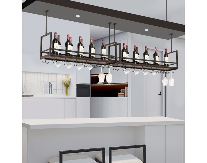 Поставка за вино с поставка за чаши Borejle 100x30x65 см черно/изглед на орех []