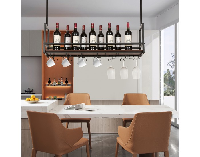 Поставка за вино с поставка за чаши Borejle 100x30x65 см черно/изглед на орех []