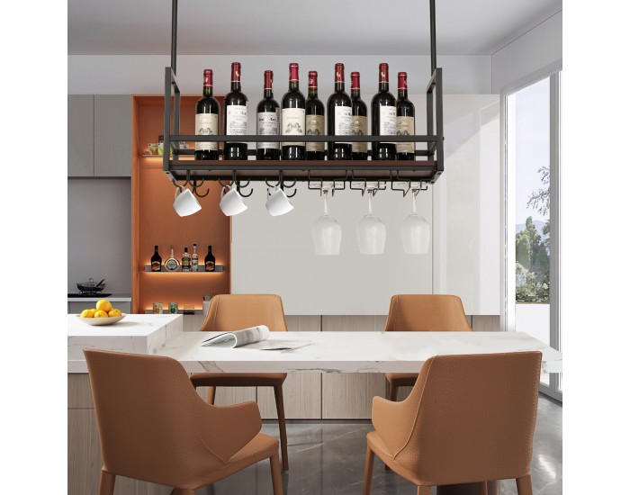 Поставка за вино с поставка за чаши Borejle 80x30x65 см черен/изглед на орех []