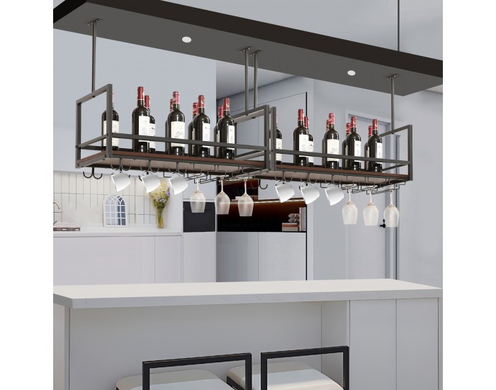 Поставка за вино с поставка за чаши Borejle 80x30x65 см черен/изглед на орех []