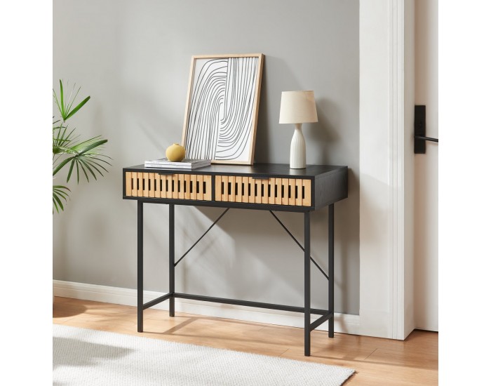 Конзолна маса Luniehti 100x40x75 см Черен/Естествен []