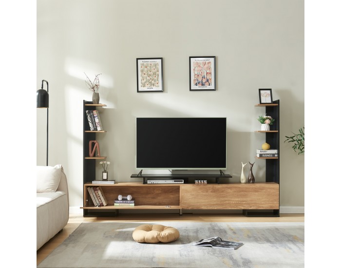 ТВ шкаф Rauki 233x31x141 см черен/изглед мангово дърво []