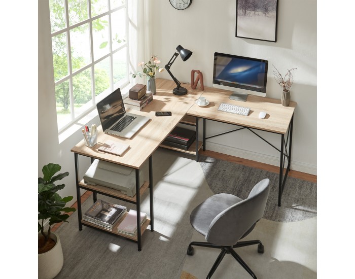 Бюро клируруд с 2 рафта, Г-образно, 150x150x75 см, визия дъб []