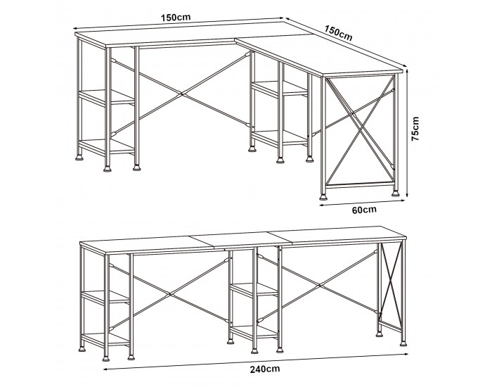 Бюро клируруд с 2 рафта, Г-образно, 150x150x75 см, визия дъб []