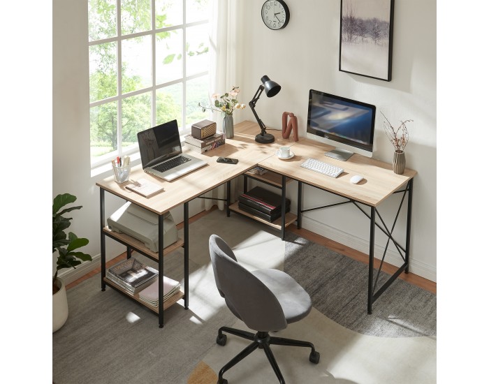 Бюро клируруд с 2 рафта, Г-образно, 150x150x75 см, визия дъб []