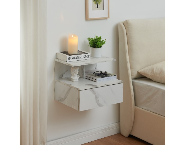 Висящо нощно шкафче Amberg с чекмедже, мраморна визия, бяло []