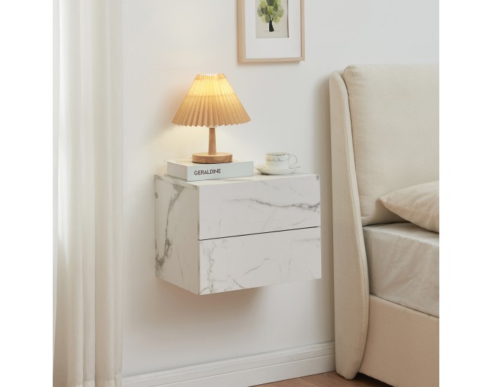 Нощно шкафче Ampfing с 2 чекмеджета, мраморна визия, бяло []