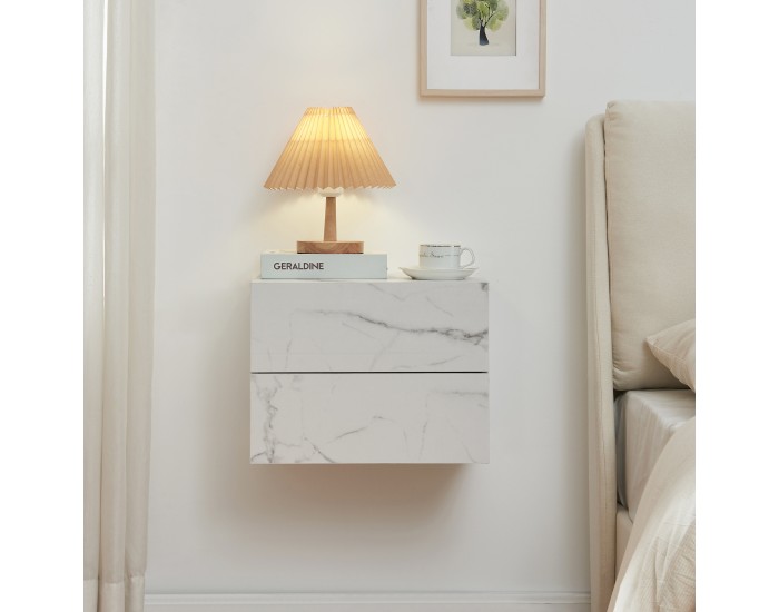 Нощно шкафче Ampfing с 2 чекмеджета, мраморна визия, бяло []