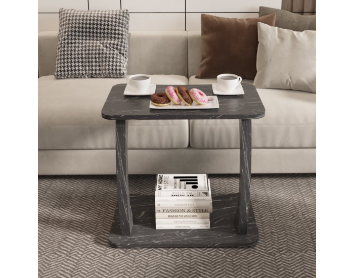 Помощна маса Stattela С-образна 59x35x56 см мраморна визия, черна []