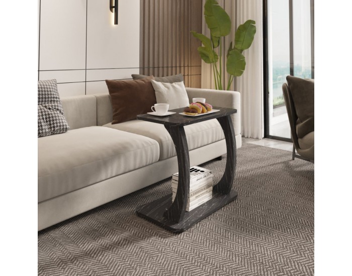 Помощна маса Stattela С-образна 59x35x56 см мраморна визия, черна []