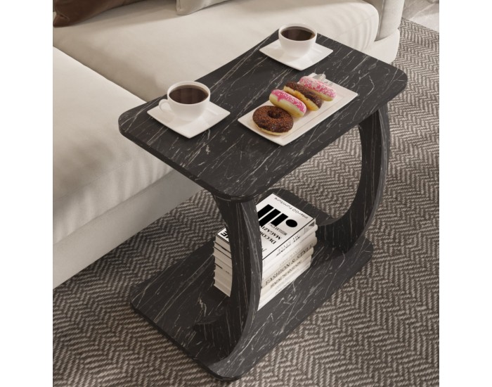 Помощна маса Stattela С-образна 59x35x56 см мраморна визия, черна []