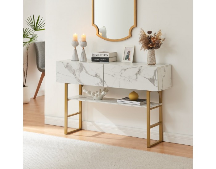 Конзолна маса Varberg 75x120x30 см мраморна визия, бяла []