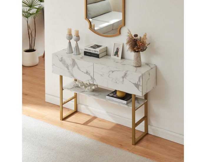 Конзолна маса Varberg 75x120x30 см мраморна визия, бяла []