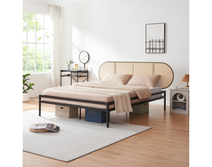 Метално легло Linköping с овална табла 160x200 см черно/ратан []